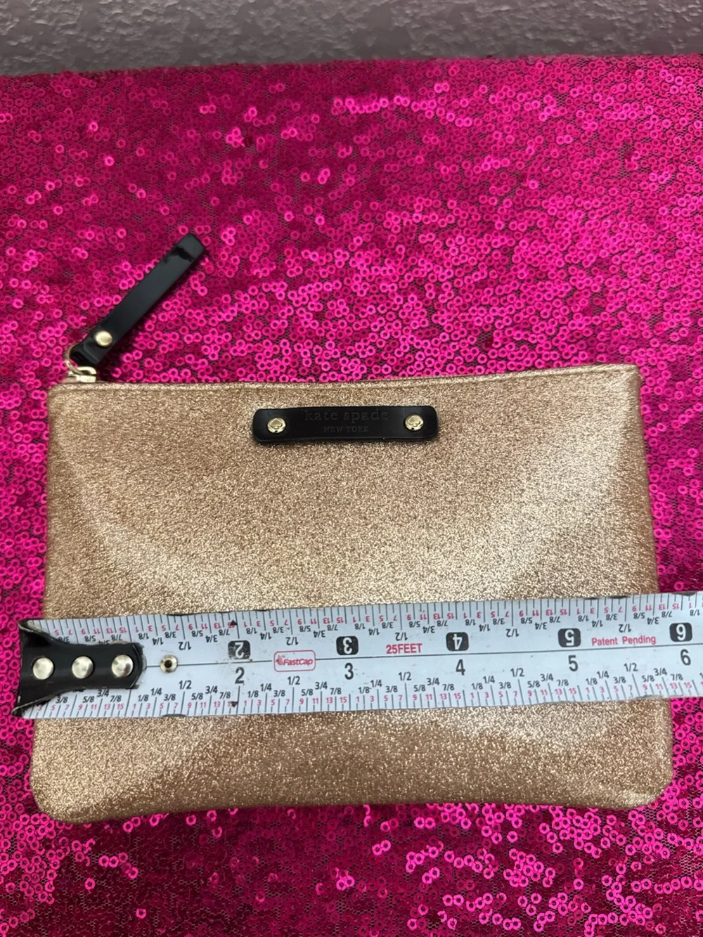 KATE SPADE 🌹🌟 Rose Gold Sparkly Glitter Zip Pouch, Mini Clutch Purse - 4 x 6”